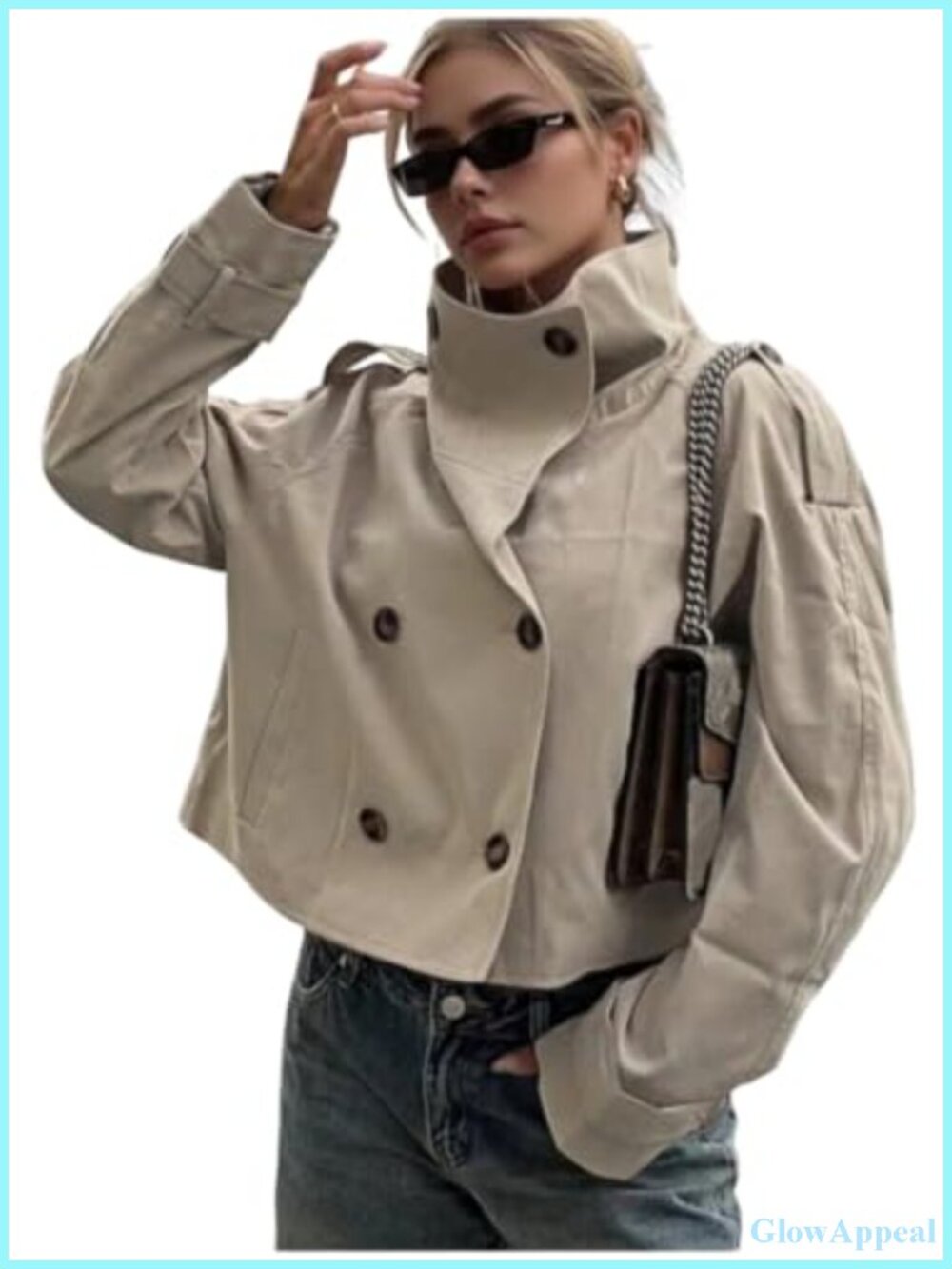 Cropped Trench Coat Funnel Neck Double Breasted Lightweight Fall Spring Jacket